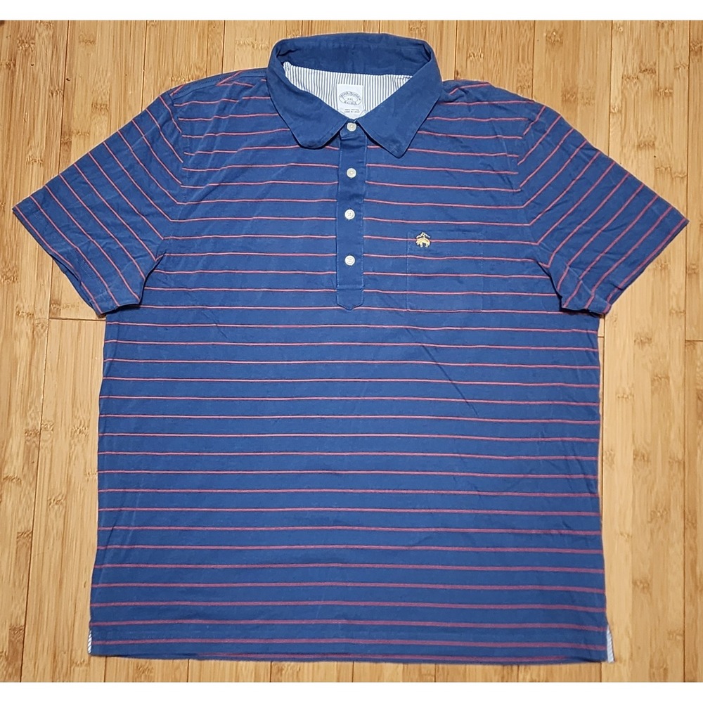 Brooks Brothers 1818 Polo Shirt Mens XXL Slim Fit Navy Red Striped Cotton Logo